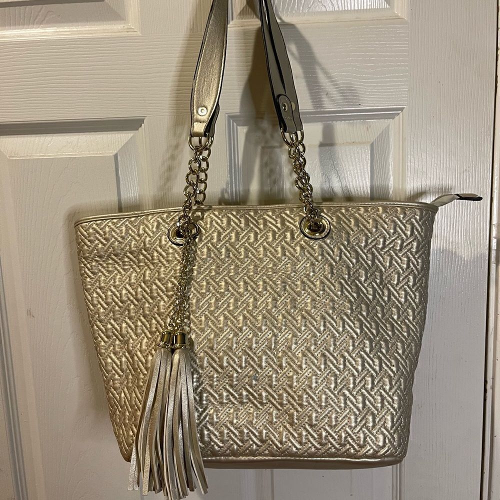 Big Buddha gold quilted front vegan leather tote with gold tone accents …